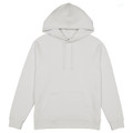 A white women's hoodie featuring a front pocket and a hood, with a logo on the garment.