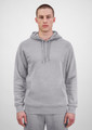 A grey men's hoodie featuring a front pocket and a drawstring hood, with a branding logo.