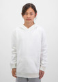 A white hoodie for kids featuring a front pocket and a drawstring hood. The product has a logo on it.