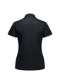 A black women's short sleeve polo shirt with a classic collar and a logo on the back.