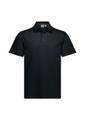 A black short sleeve polo shirt with a collar and three buttons, featuring a logo on the left chest.