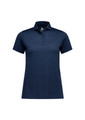 A navy blue short sleeve polo shirt for women featuring a collar and a button placket. The shirt has a logo.