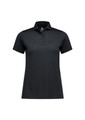 A short sleeve polo in black for women, featuring a classic collar and three-button placket. It has a logo on the chest.