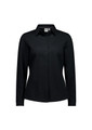 A black long sleeve button-up shirt for women featuring a collar and a logo.