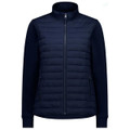 A women's tailor jacket in navy, featuring a zip front and padded body with long sleeves. It has a logo on the zipper.