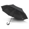 A black umbrella with a curved handle and a sleek design, featuring a logo on the fabric.