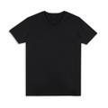 A black V-neck men's T-shirt with a plain design and a logo on the label.