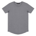 A grey men's t-shirt with a round neck and short sleeves, featuring a slight curved hem and a logo.