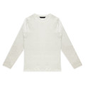 A white long sleeve crew shirt with a simple design and a logo on the label.
