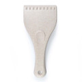 A light-colored eco-friendly ice scraper with a rounded handle and textured scraping edge. It features a logo.