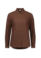 A brown long sleeve button-up shirt for women, featuring a classic collar and a straight hem. Includes a logo.