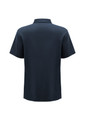 A navy blue short sleeve polo shirt featuring a collar and a logo on the front.