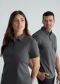 A grey short sleeve polo shirt for men, featuring a collar and a logo. Two models are wearing the polo.