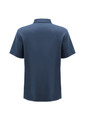 A navy blue short sleeve polo shirt with a collar, featuring a logo. The back view showcases a simple design.