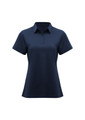 A navy women's short sleeve polo shirt with a classic collar and button placket, featuring a logo.
