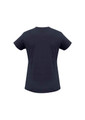 A dark navy women's short sleeve tee with a classic crew neck and a plain back, featuring a logo.