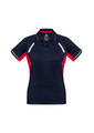 A women's short sleeve polo shirt in navy and red, featuring a logo and contrasting trim.
