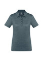 A women's short sleeve polo shirt in dark grey with a collared neckline and a logo on the label.