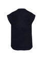 A black women's blouse with short sleeves and a rounded hem, featuring a logo.