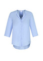 A light blue women's longline button-up blouse with three-quarter sleeves and a rounded hemline.