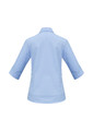 A women's 3/4 sleeve button-up shirt in light blue, featuring a back view with a smooth design and a logo.