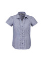 A short sleeve button-up shirt in blue and white stripes, featuring a ruffled front and a logo.