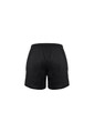 A pair of black sports shorts with an elastic waistband and a logo on the side.
