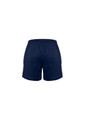 Men's sports shorts in navy blue, featuring a smooth fabric and an unidentified logo on the side.