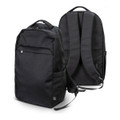 A black recycled backpack with adjustable straps and zippered compartments, featuring a logo on one side.