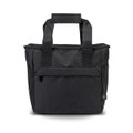 A black cooler bag with sturdy handles and a front pocket, featuring a logo on the side.