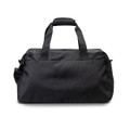 A black recycled duffle bag featuring sturdy handles and a zipper closure, with a logo on the side.