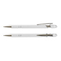 A set of white stylus pens with silver accents and clip details, featuring a sleek design.