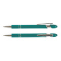 A teal stylus pen with silver accents, featuring a click mechanism and a removable cap. It has a branding logo.