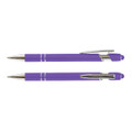 A purple stylus pen with a silver clip and accents, featuring a shiny finish and a stylus tip.