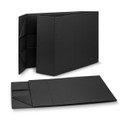 A large black magnetic lid gift box featuring a sleek design and interior compartments. It has a subtle logo.