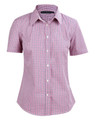 A red and white two-tone mini check short-sleeve button-up shirt with a fitted silhouette and collar.