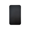 A black solid state power bank with a smooth surface and rounded edges, featuring a logo.