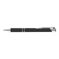 A sleek black metal pen with silver accents, featuring a streamlined design and clip for easy attachment.