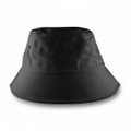 A black bucket hat with a wide brim, featuring a logo.