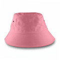 A pink bucket hat with a simple design and ventilation eyelets, featuring logo branding.