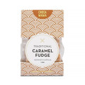 A package of traditional caramel fudge, featuring a decorative gold and white design, containing 125g of fudge.