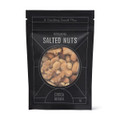 A snack mix bag contains salted nuts, featuring a variety of nuts in a black packaging with a logo.