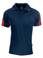 A navy polo shirt with red accents and a logo on the chest. Short sleeves and a classic collar design.