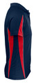 A navy polo shirt featuring red side panels and a logo.
