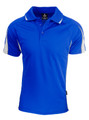A blue polo shirt with white detailing on the sleeves and a logo on the collar.