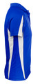 A blue polo shirt with white side panels and a collar, featuring a logo.