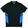 A black polo shirt with blue accents and a branded logo on the front. Suitable for kids.