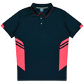 A navy polo shirt with pink accents and stripes, featuring a collar and button placket. It has a logo on the front.