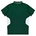A green polo shirt with white side panels and a collar, featuring a logo on the back.