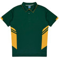 A green and gold polo shirt featuring a collar and contrasting side stripes, with a logo on the chest.